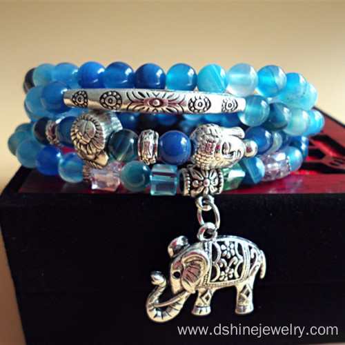 Natural Agate Beads Bracelet Retro Elephant Pendant Bracelet